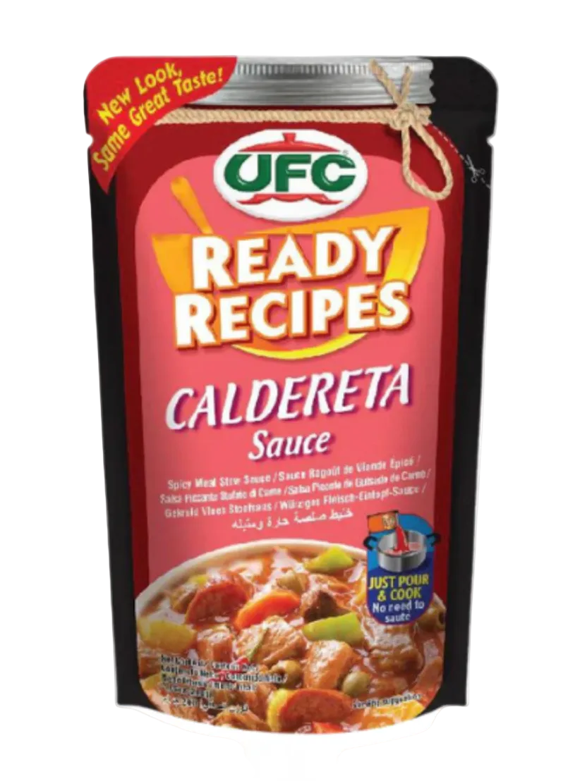 A single-serve pouch of UFC Ready Recipes Caldereta Sauce 200g on a plain white background. The packaging is primarily red with yellow and white text, featuring a photo of the prepared sauce at the bottom and a silver lid with a small twine bow.