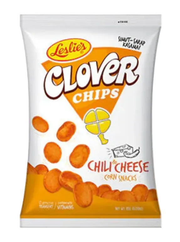 Package of Leslie's Clover Chips Chili Cheese flavor on a white background