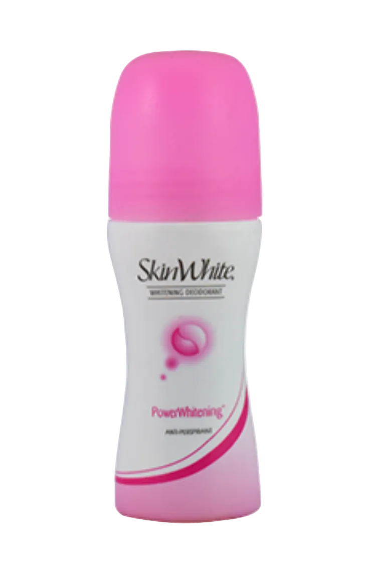A roll-on deodorant bottle by SkinWhite 40ml, featuring a white body with a vibrant pink cap and pink branding details.