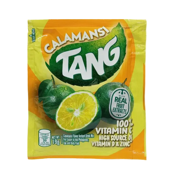 A 19g packet of Calamansi Tang instant coffee drink mix, featuring a bright yellow and orange package design with green calamansi fruit illustrations.