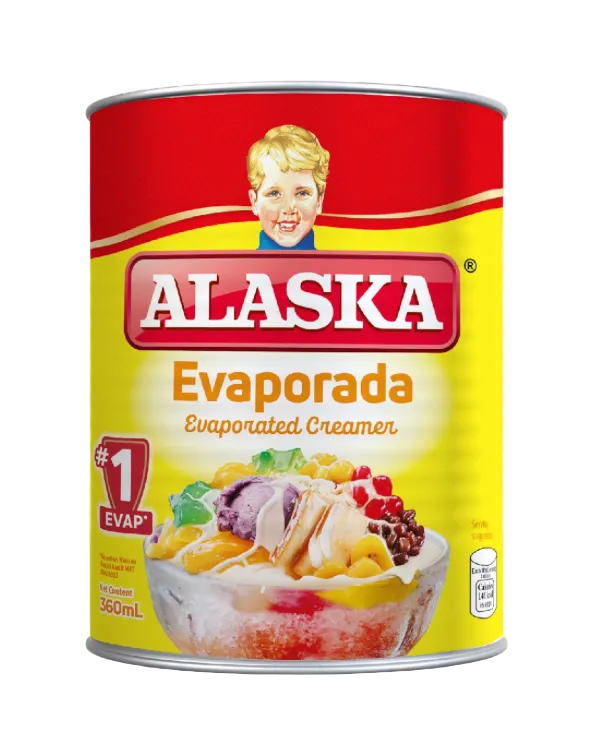 A 360mL can of Alaska Evaporada Evaporated Creamer on a plain white background. The can features the red and yellow Alaska brand logo with the mascot's face, and a label showing a bowl of halo-halo with fruit toppings.