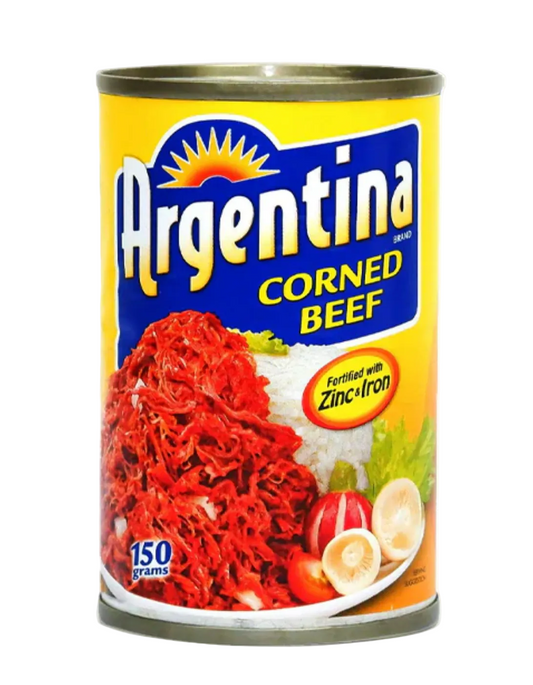 A can of Argentina Brand Corned Beef, 150 grams, featuring a bright yellow label with a blue brand logo and an image of the beef on a white plate.