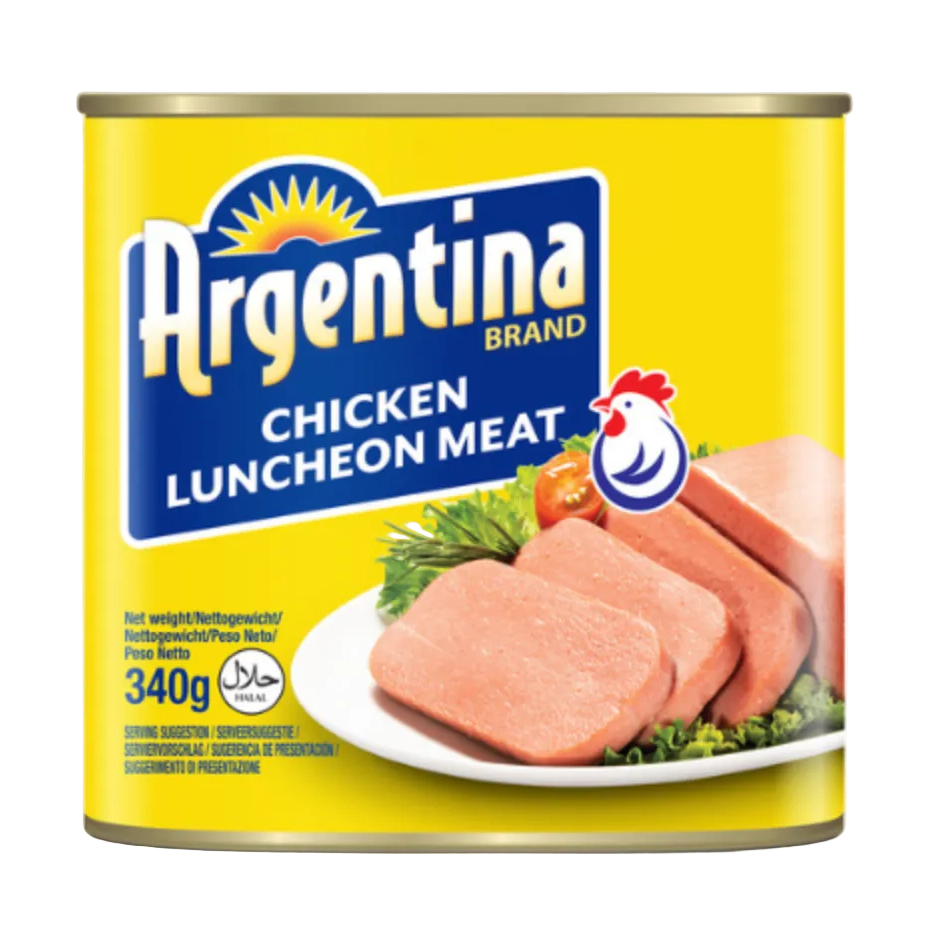 A can of Argentina Brand Chicken Luncheon Meat, 340g, featuring a bright yellow label with the blue and white brand logo and an image of sliced pink luncheon meat on a white plate.