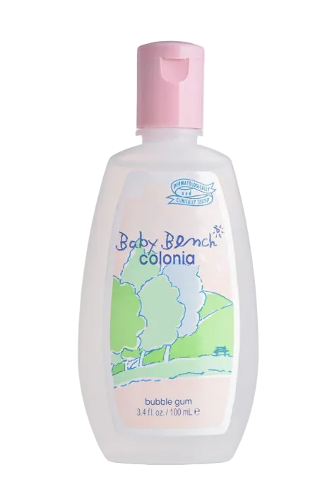Baby Bench Colonia Bubble Gum scent bottle with pink cap on a white background 100ml