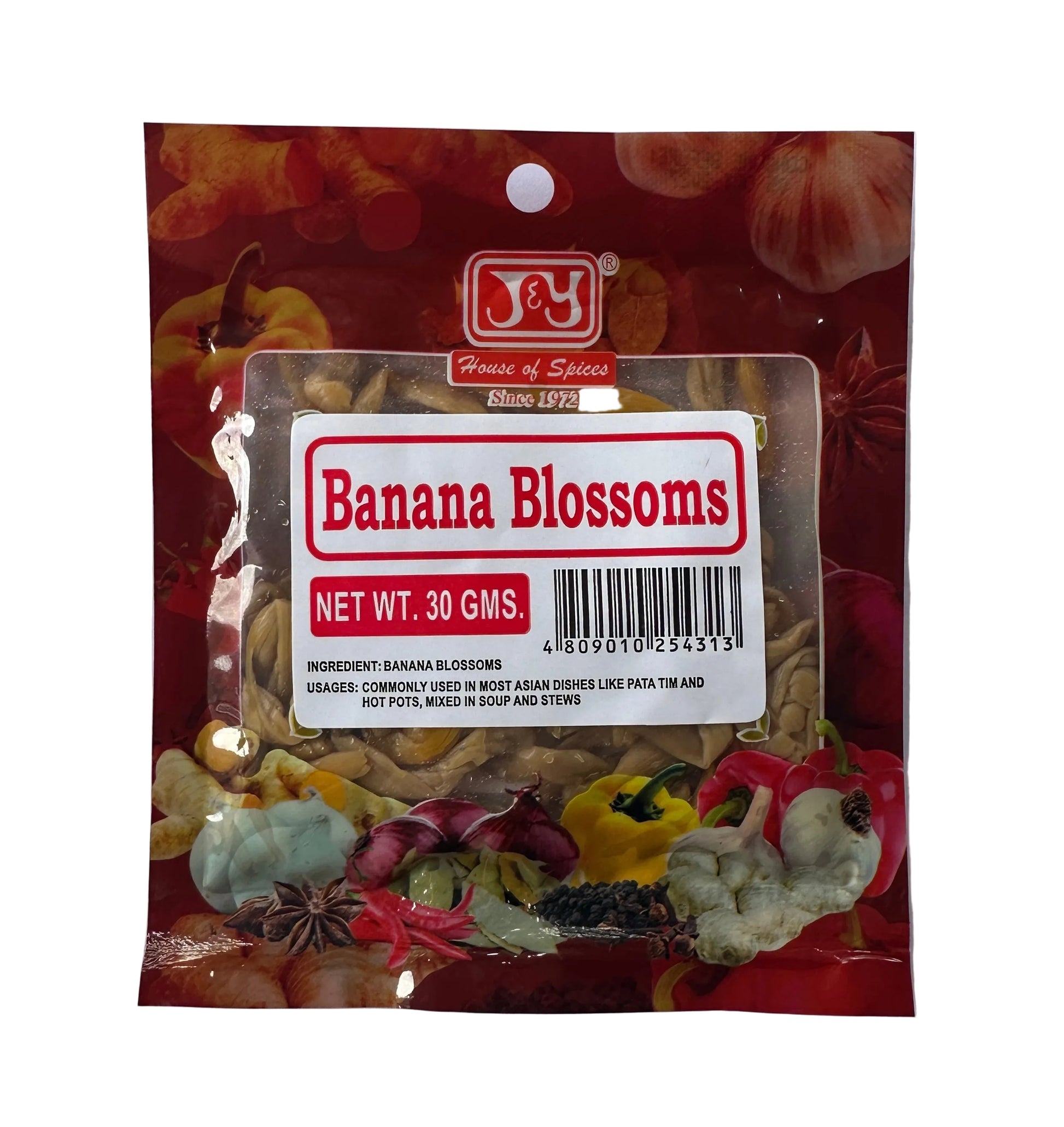 A 30g packet of J&Y Banana Blossoms spice blend, featuring a red and white label with illustrations of spices and vegetables, set against a light gray background.