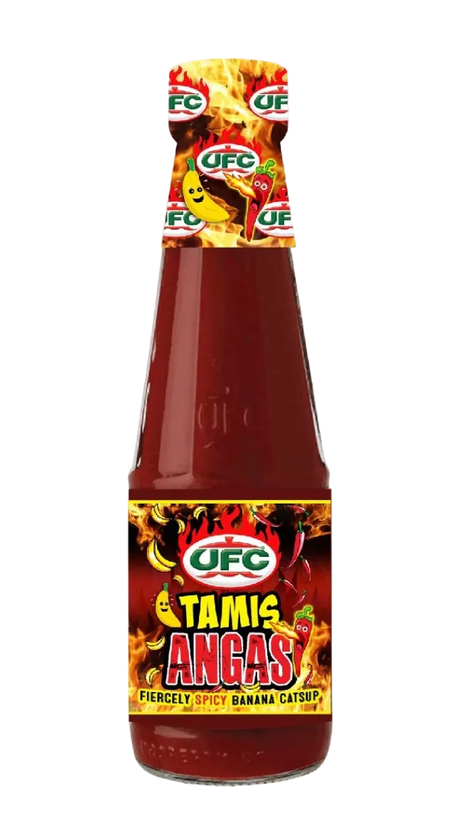 A bottle of UFC Tamis Angas 320g fiery spicy banana cat soup sauce, featuring a dark red liquid inside and a vibrant red, yellow, and black label with flames and banana illustrations.
