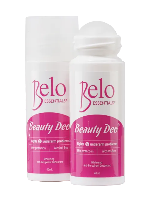 Three Belo Essentials Beauty Deo bottles in white and pink packaging, a 40mL roll-on deodorant bottle, displayed on a white background