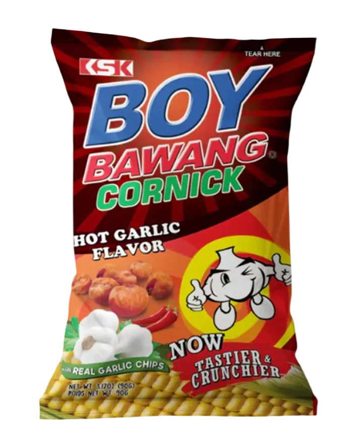 KSK Boy Bawang Cornick hot garlic flavor snack packet on a white background
