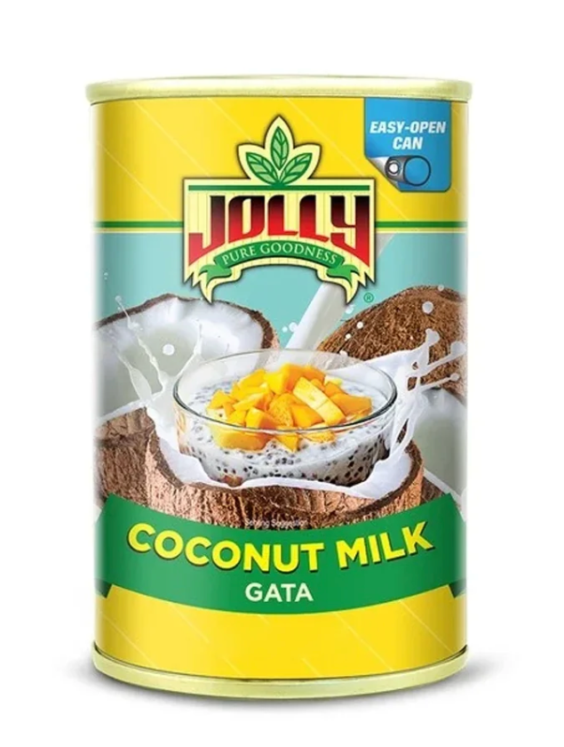 A can of Jolly Pure Goodness Coconut Milk Gata, featuring a yellow and green label with an illustration of a coconut, milk splash, and a glass of mango coconut milk.