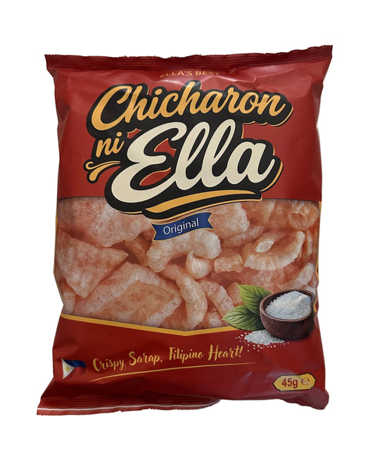 A 45g bag of Chicharon ni Ella Original chips on a plain off-white background. The packaging is predominantly red with the brand name in stylized gold and white lettering, and a photo of the crispy, golden-brown fried chips on the front.