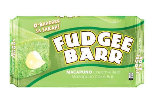 Green packaging of Fudgee Barr with text on a blue and white background
