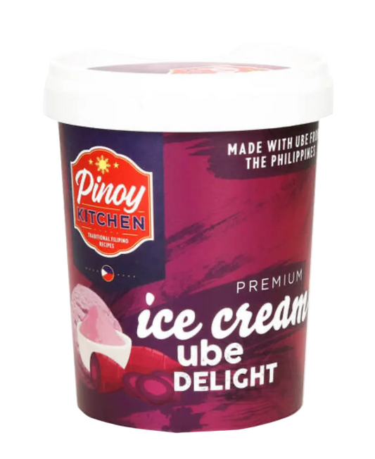 A container of Pinoy Kitchen Premium ube Delight ice cream, featuring a dark purple and magenta label with a white lid, on a plain white background, 500ml