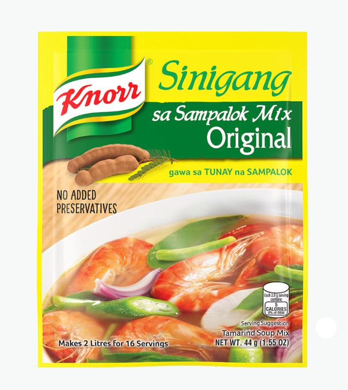 Knorr Sinigang sa Sampalok Mix Original packaging with a bowl of soup on a yellow background