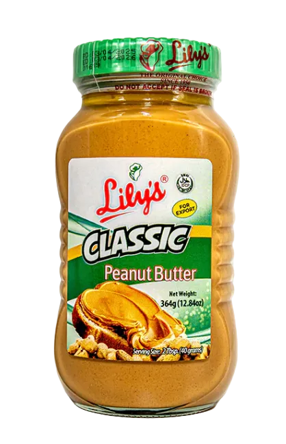 Jar of Lily's Classic Peanut Butter with green lid on a white background