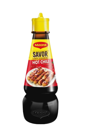 Maggi Savor Hot Chili 130ml sauce bottle on a white background