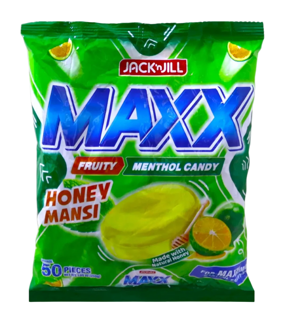 A bag of Jacknill Maxx Fruity Menthol Candy in Honey Mansi flavor 50pcs.x40g , featuring a bright green packaging design with blue and white lettering and illustrations of honeycomb and citrus.
