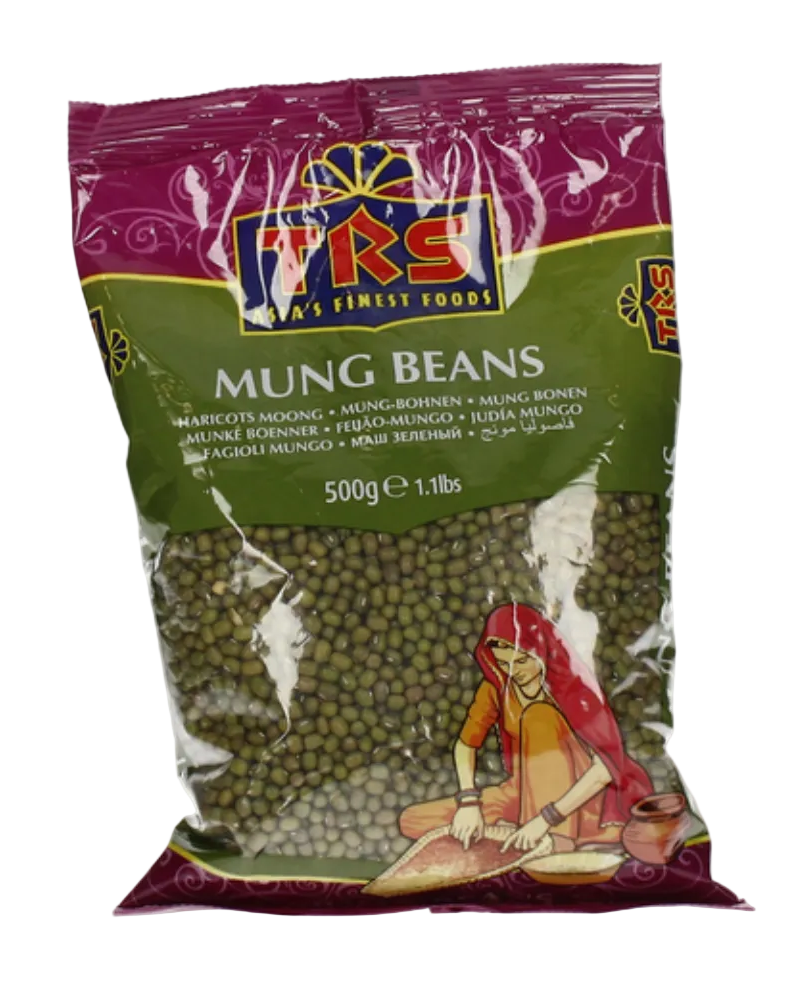 A 500g bag of TRS Mung Beans, featuring a green and purple packaging design with a clear window showing the green beans inside, and an illustration of a woman in traditional attire.