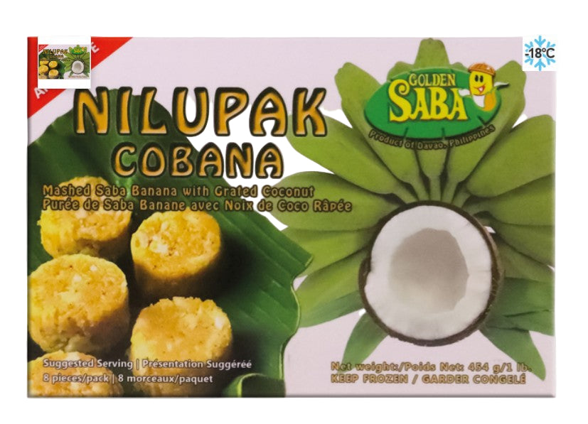 Box of Nilupak Cobana with Saba banana and coconut on a white background