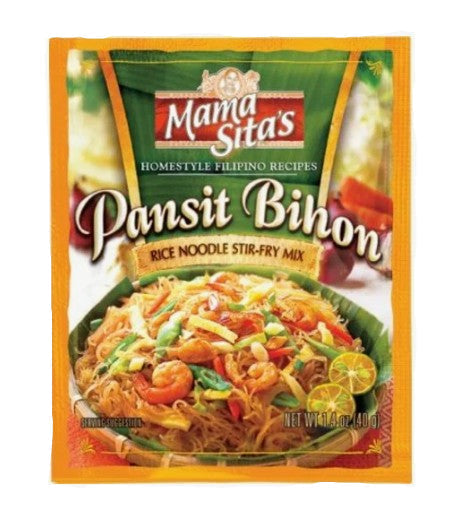 Packaging of Mama Sita's Pansit Bihon rice noodle stir-fry mix with colorful noodles and vegetables.