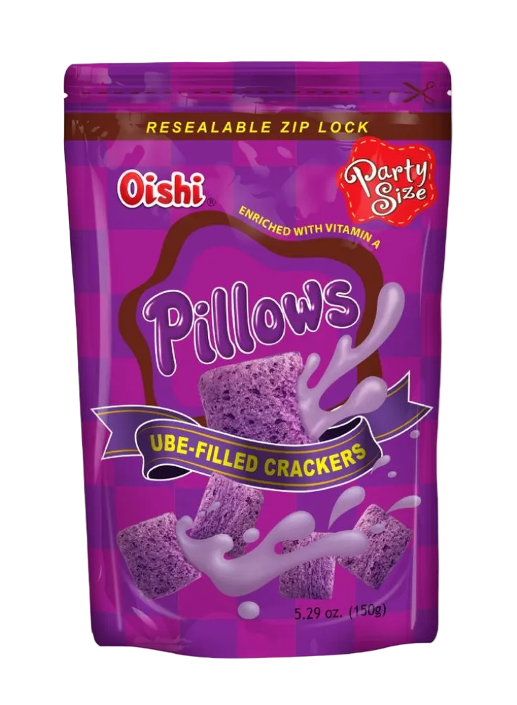 A bag of Oishi Party Size Ube-Filled Crackers 150g, featuring a vibrant purple and magenta checkered design with illustrations of purple ube-shaped crackers and a purple splash graphic.