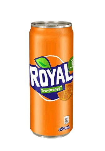 Orange can of Royal Tru-Orange soda 320ml on a white background