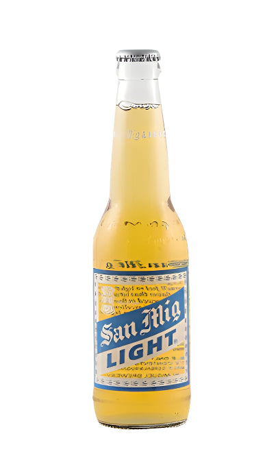 Bottle of San Mig Light beer 330ml on a white background