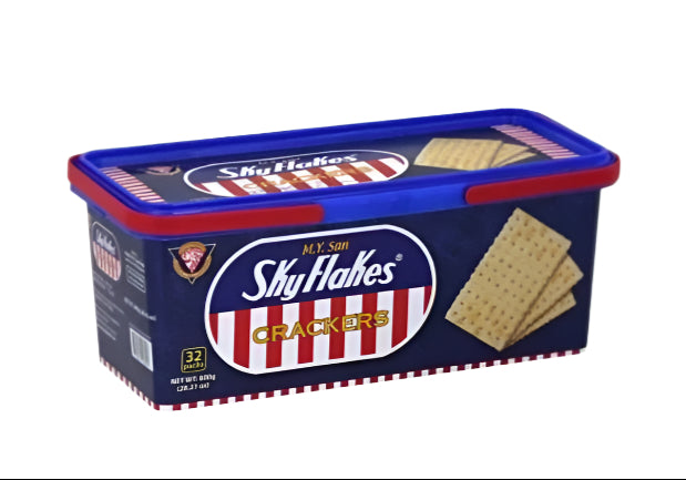 Skyfakes 800g crackers in a blue and red container on a white background