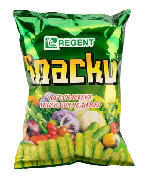 Packaged rice crackers with vegetable flavor on a white background