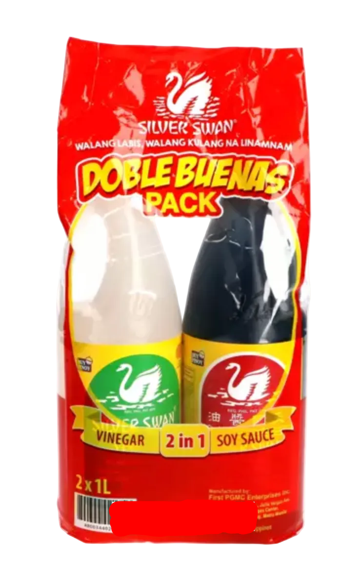 Silver Swan Doble Buenas Pack containing 2x1L bottles of vinegar and soy sauce, in a red plastic bag with clear windows showing the bottles inside.
