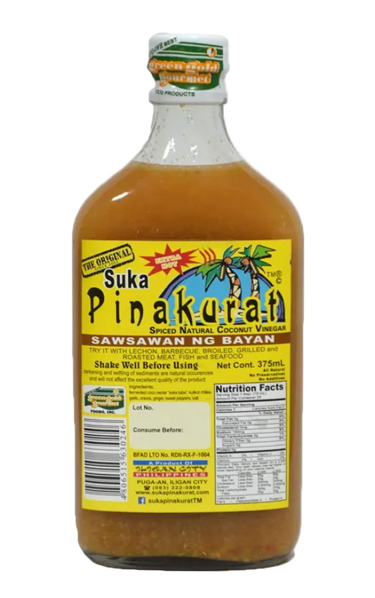 Bottle of Suka Pinakurat coconut vinegar with a yellow label on a white background 375ml