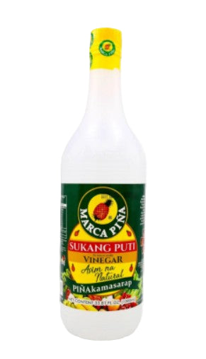 Bottle of Sukang Puti vinegar Marca Pina 1L with a yellow cap on a white background