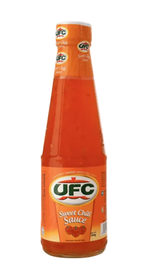 Bottle of UFC Sweet Chilli Sauce on a white background 340g
