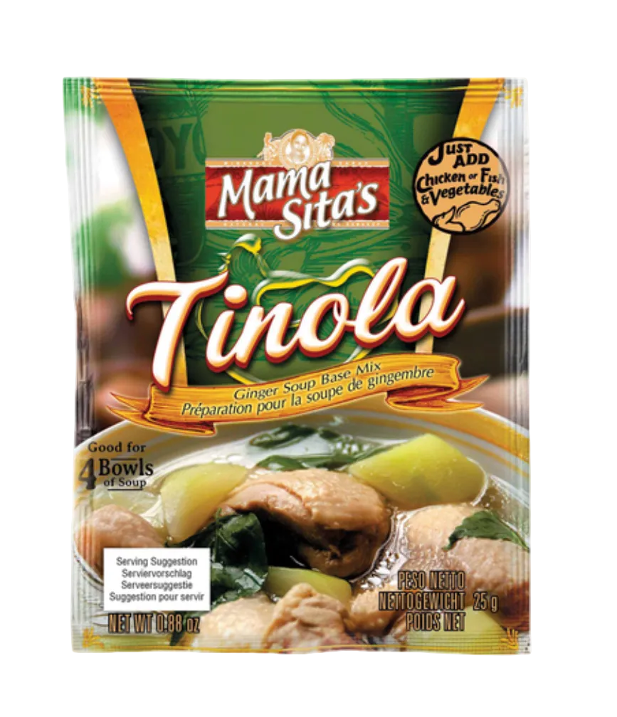 A package of Mama Sita's Tinola Ginger Soup Base Mix 25g, featuring a green and gold bag with an illustration of a chicken and vegetable soup bowl.