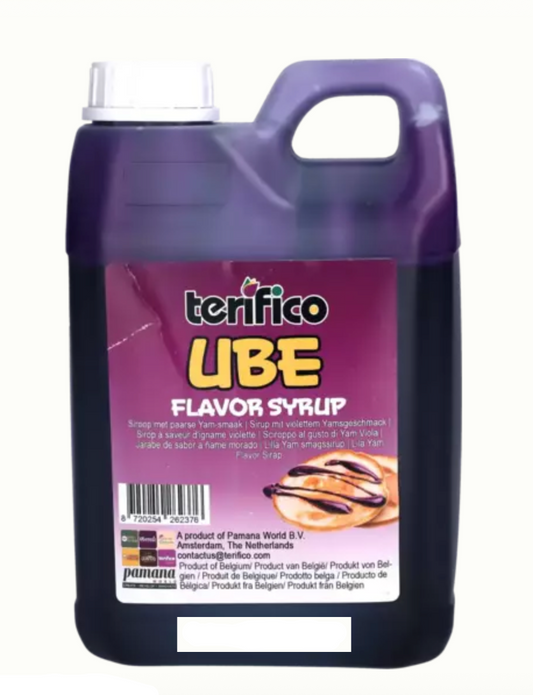 A large plastic bottle of Terifico Ube Flavor Syrup 2 liters with a purple label and white cap, shown on a white background with a 'Click to enlarge' overlay at the bottom.