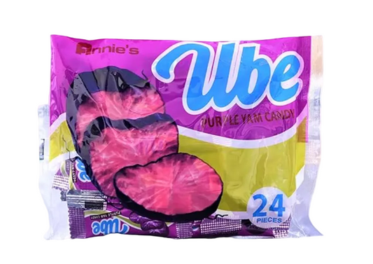 Packaged candy with 'UBE' branding on a white background