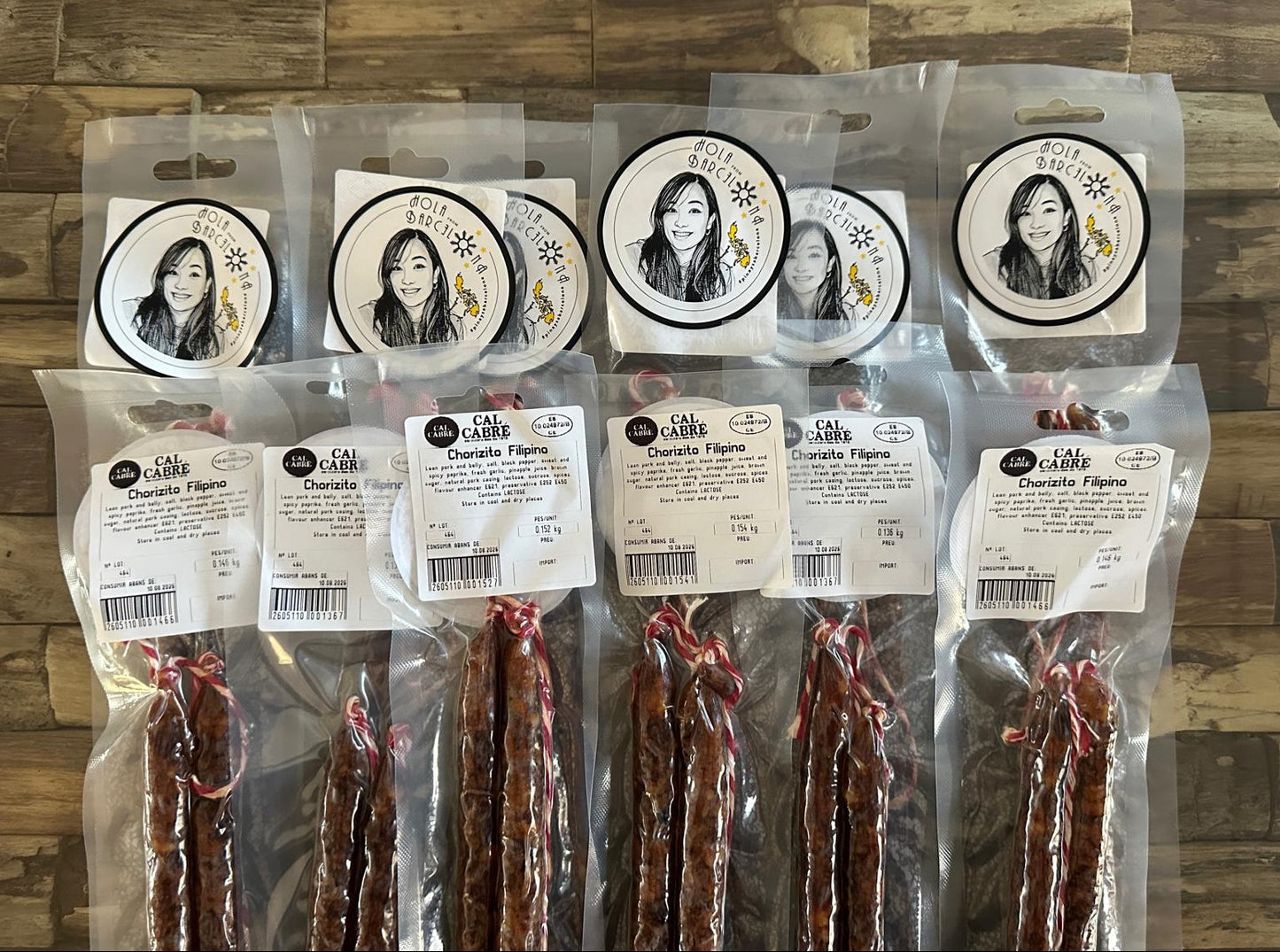 Packaged chorizito filipino sausages with brand stickers pinay sa barcelona and product information.