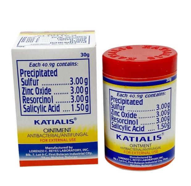 Katialis Ointment 30g box and bottle packaging on a plain white background. The white box and red-lidded bottle both show the Katialis branding and a blue product ingredients list.