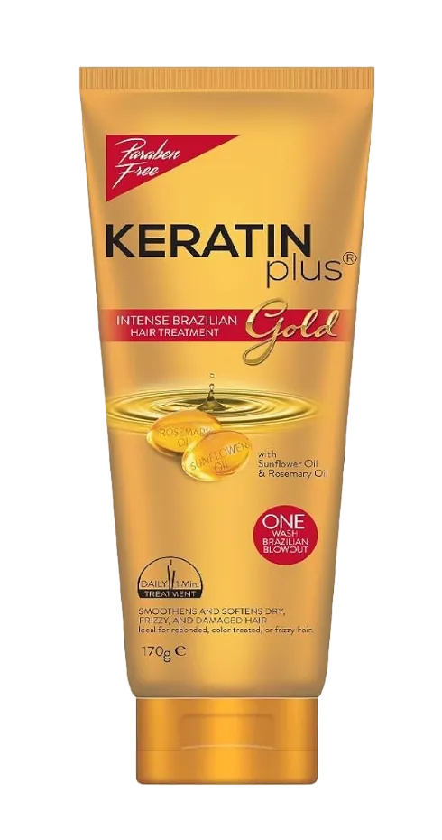 Keratin Plus Gold hair treatment tube on a white background