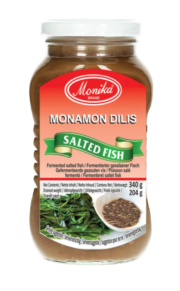 Jar of Monika Monamon Dilis Salted Fish on a white background