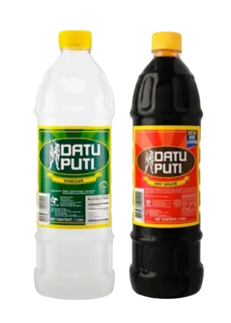 Two bottles of Adatu Yputi sauce, one green and one black, on a white background. 1 liter each