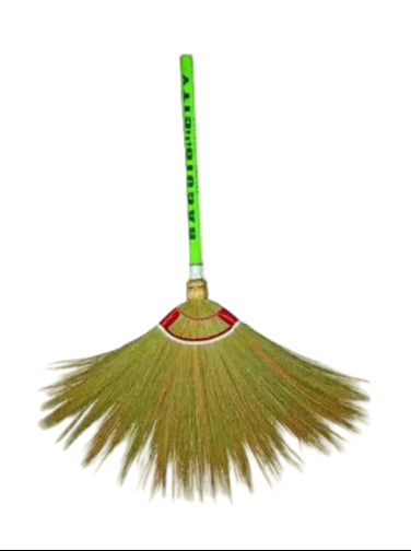 Broom with a green handle on a white background
