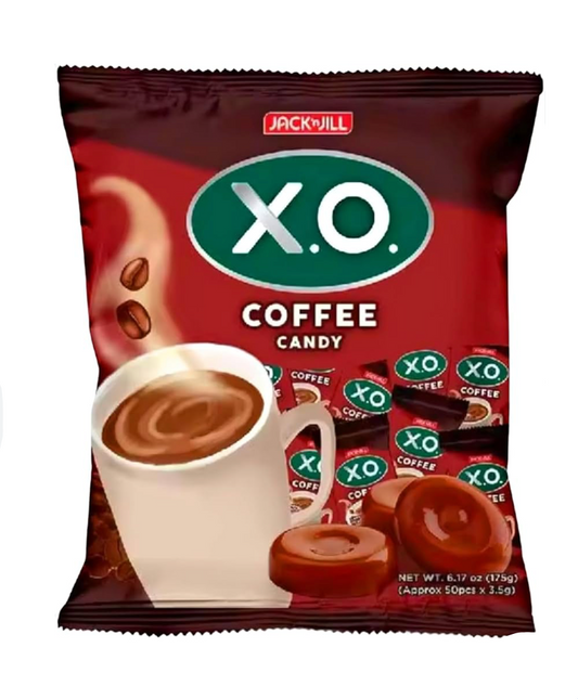 Packaging of Jack n' Jill X.O. Coffee Candy with a cup of coffee and candy pieces on a white background.